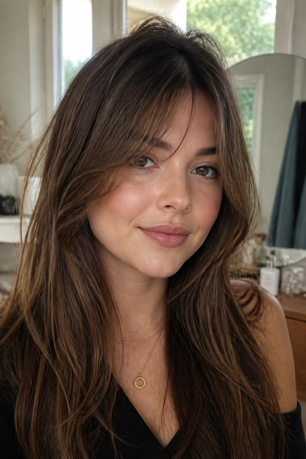 Close-up portrait of a real woman with long bangs and crown lift for round face