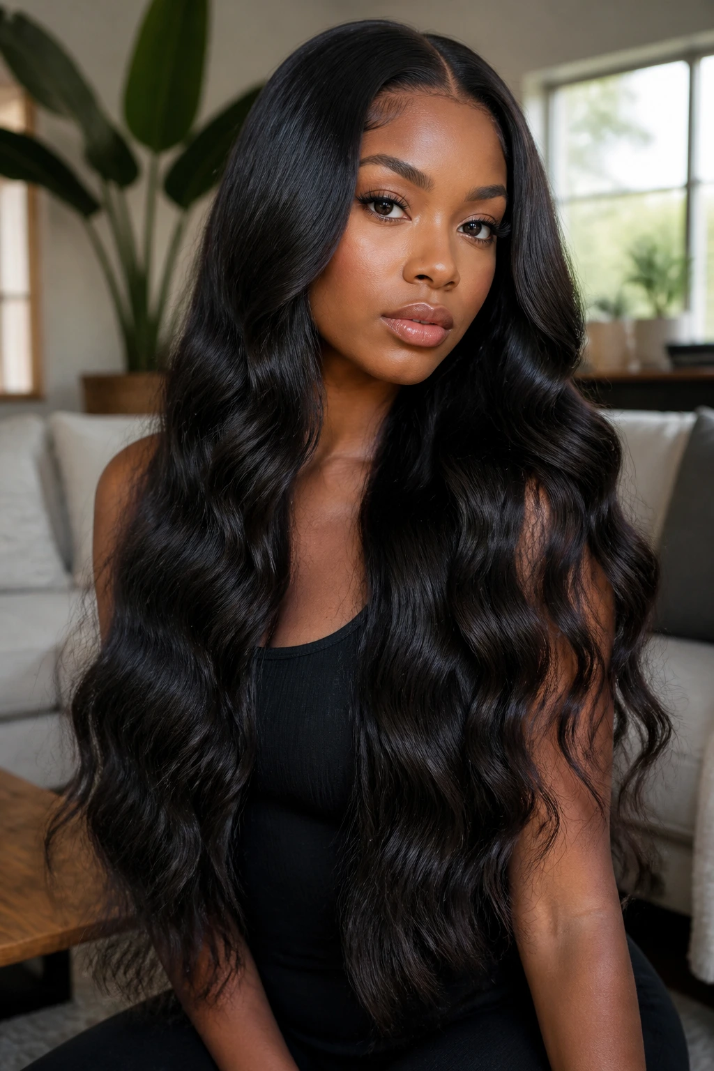 Close-up of a real Black woman with long black hair and soft waves