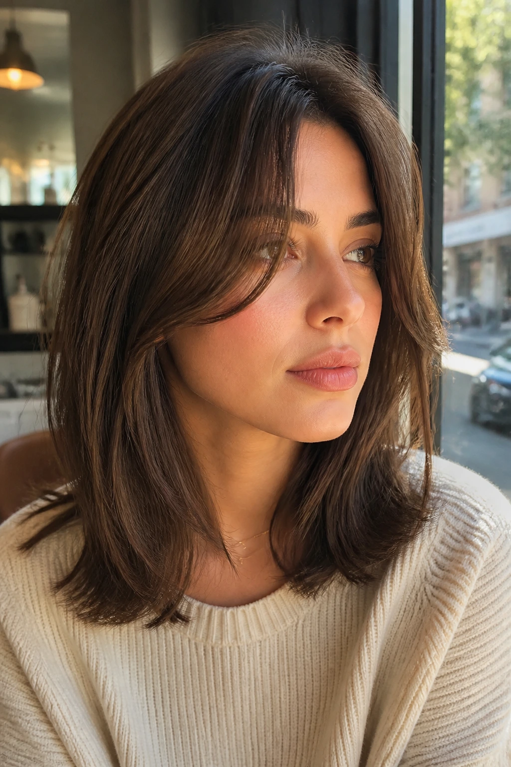 Close-up portrait of a real woman with blend-in face-framing curtain bangs in a sunlit cafe