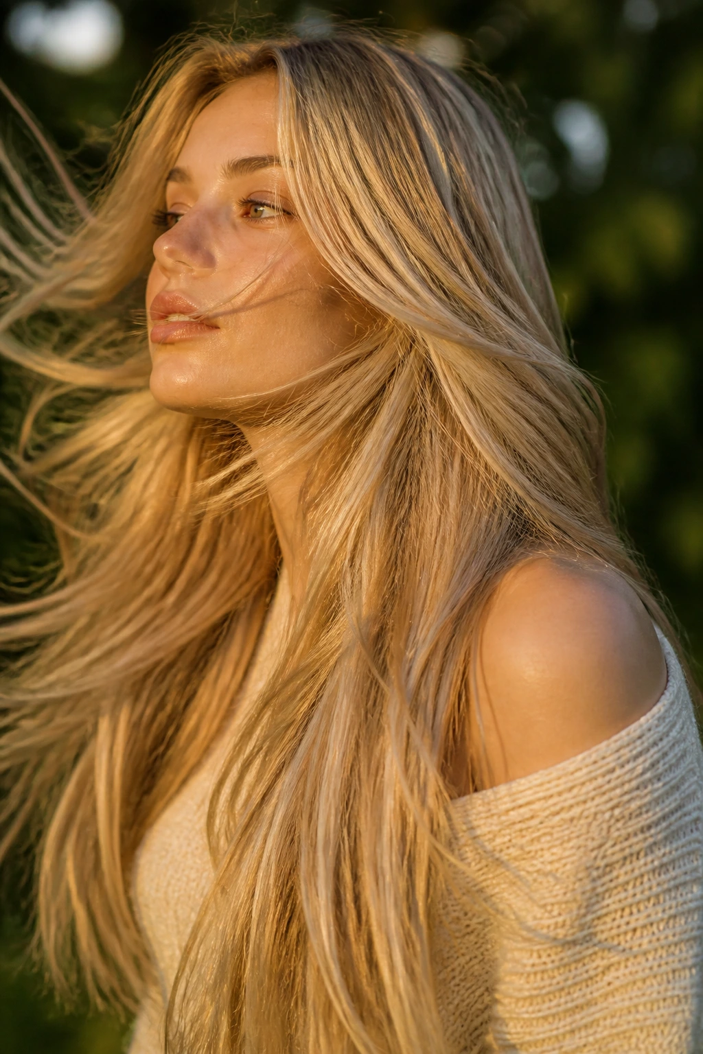Close-up of a real woman with long blonde hair moving in a breeze in a golden-hour outdoor portrait