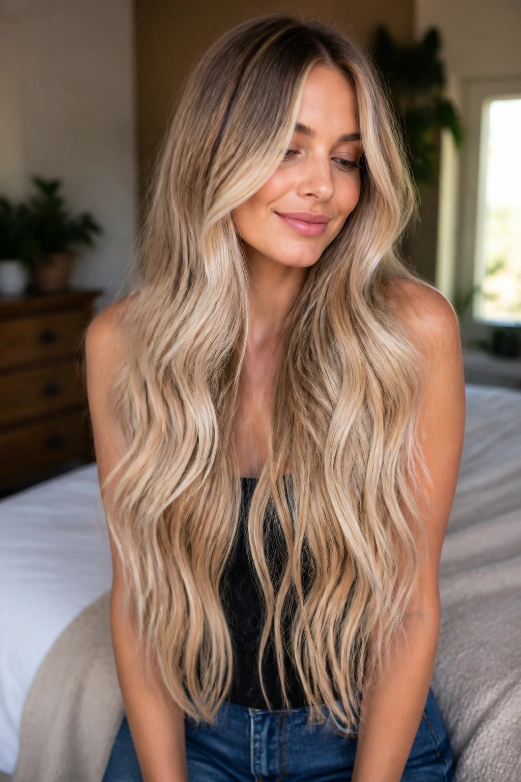 Close-up of a real woman's long blonde hair with root shadow and face-framing highlights in warm window light.