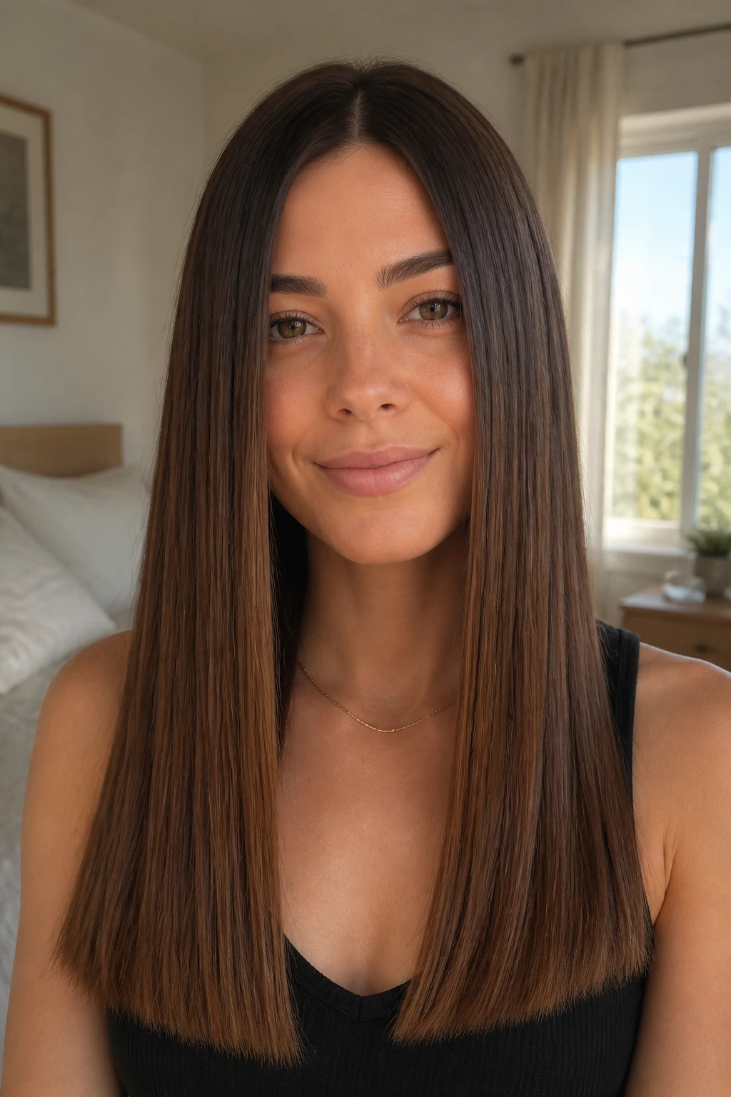 Portrait of a woman with a long blunt one-length cut with crisp ends.