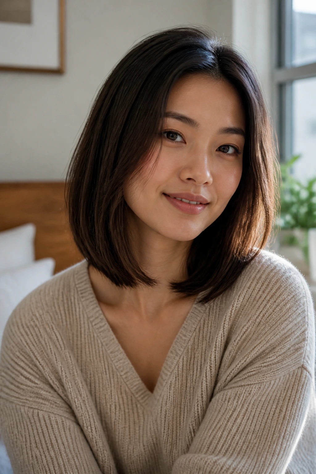 Close-up portrait of an Asian woman with a shoulder-grazing long bob in soft morning light