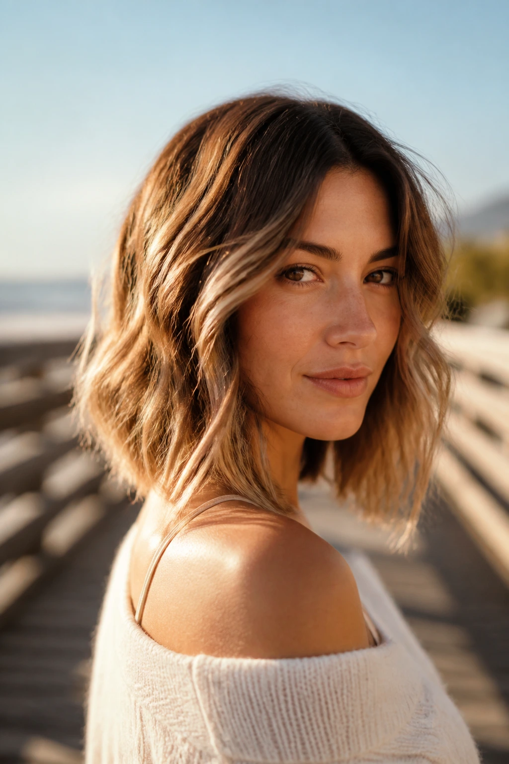 Mid-length portrait of a woman with long bob and beach waves