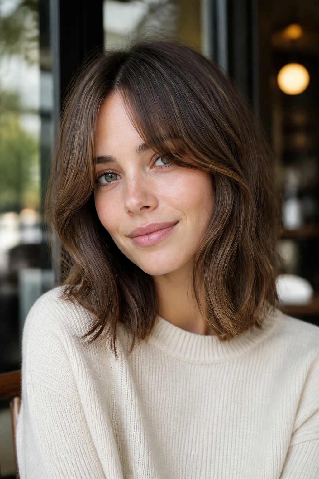 Real woman with a long bob and curtain bangs