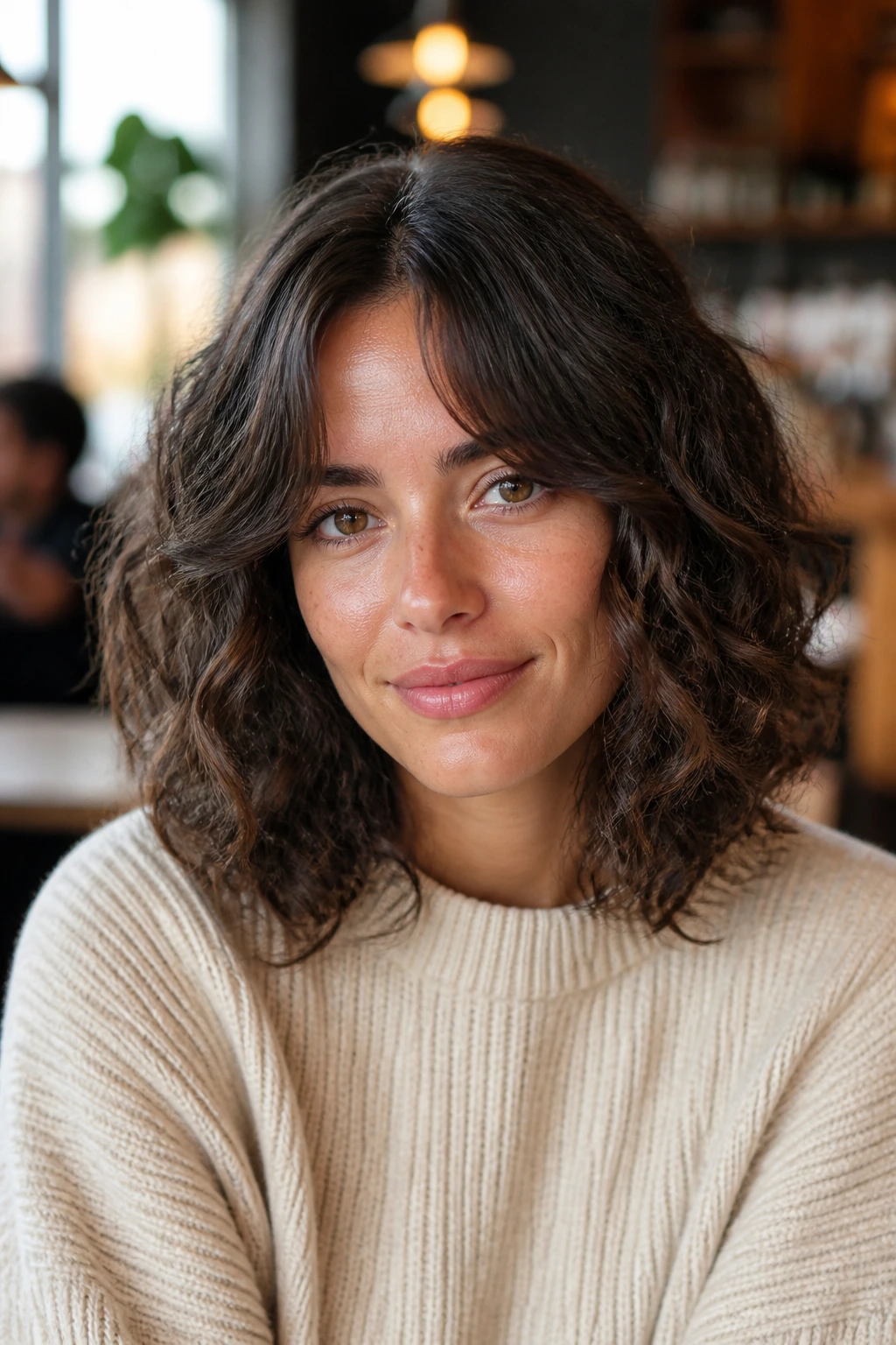 Real woman with long curly bob and curtain bangs.