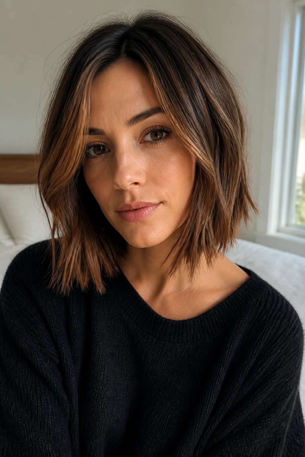 Person with long bob shown in a natural daylight setting.