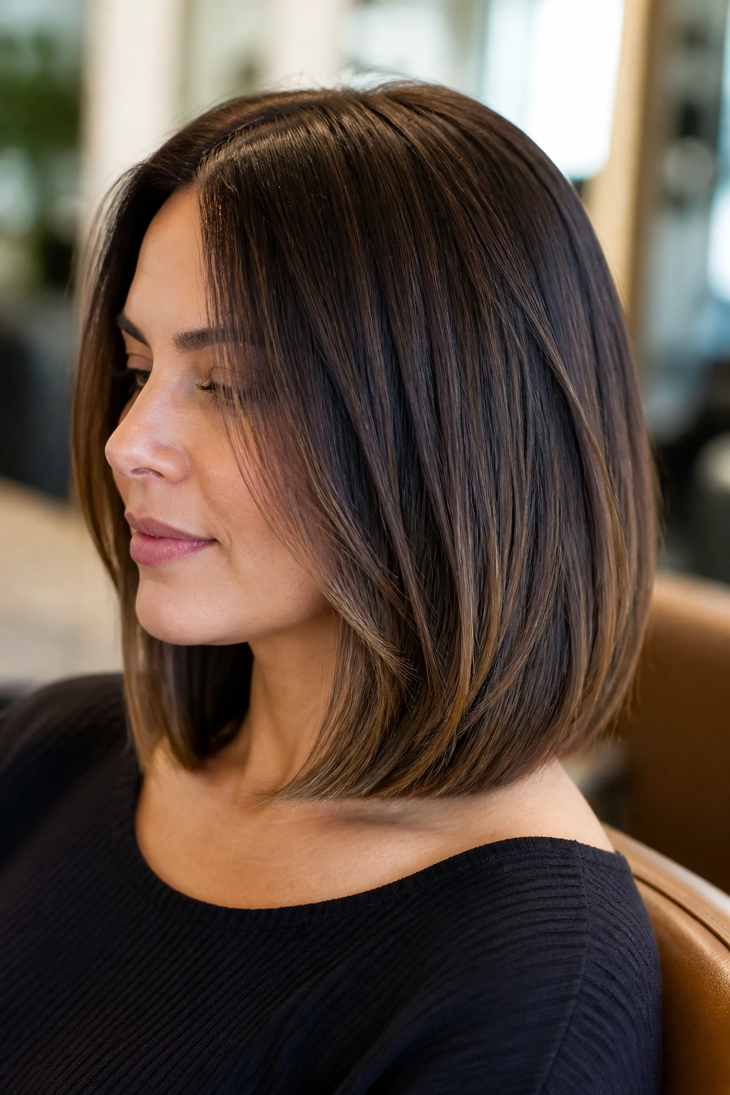 Close-up of a shoulder-length long bob with a defined weight line on a real person in a salon.