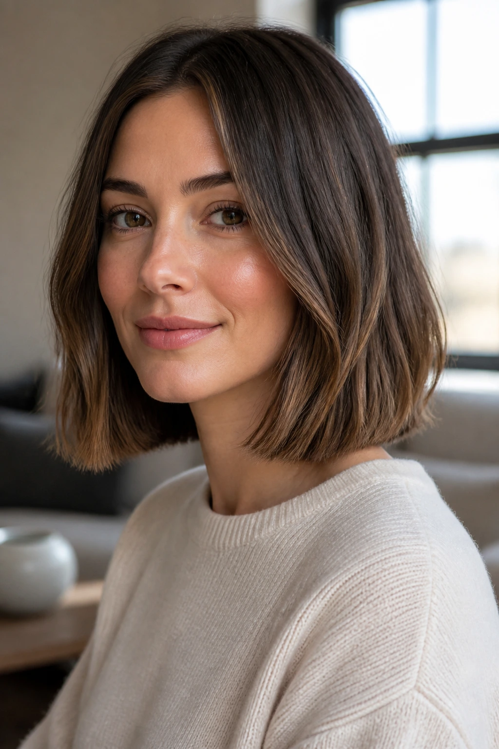 Close-up portrait of a real woman with a blunt long bob showing dense ends under natural light