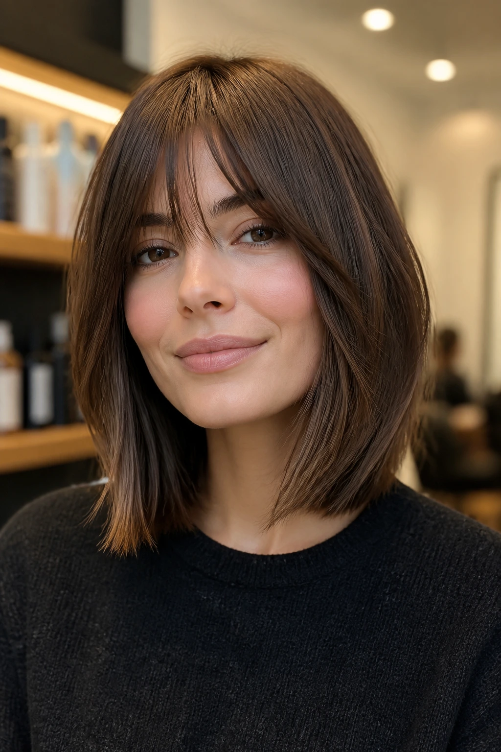Portrait of a real woman with a long bob and angled fringe emphasizing cheek framing