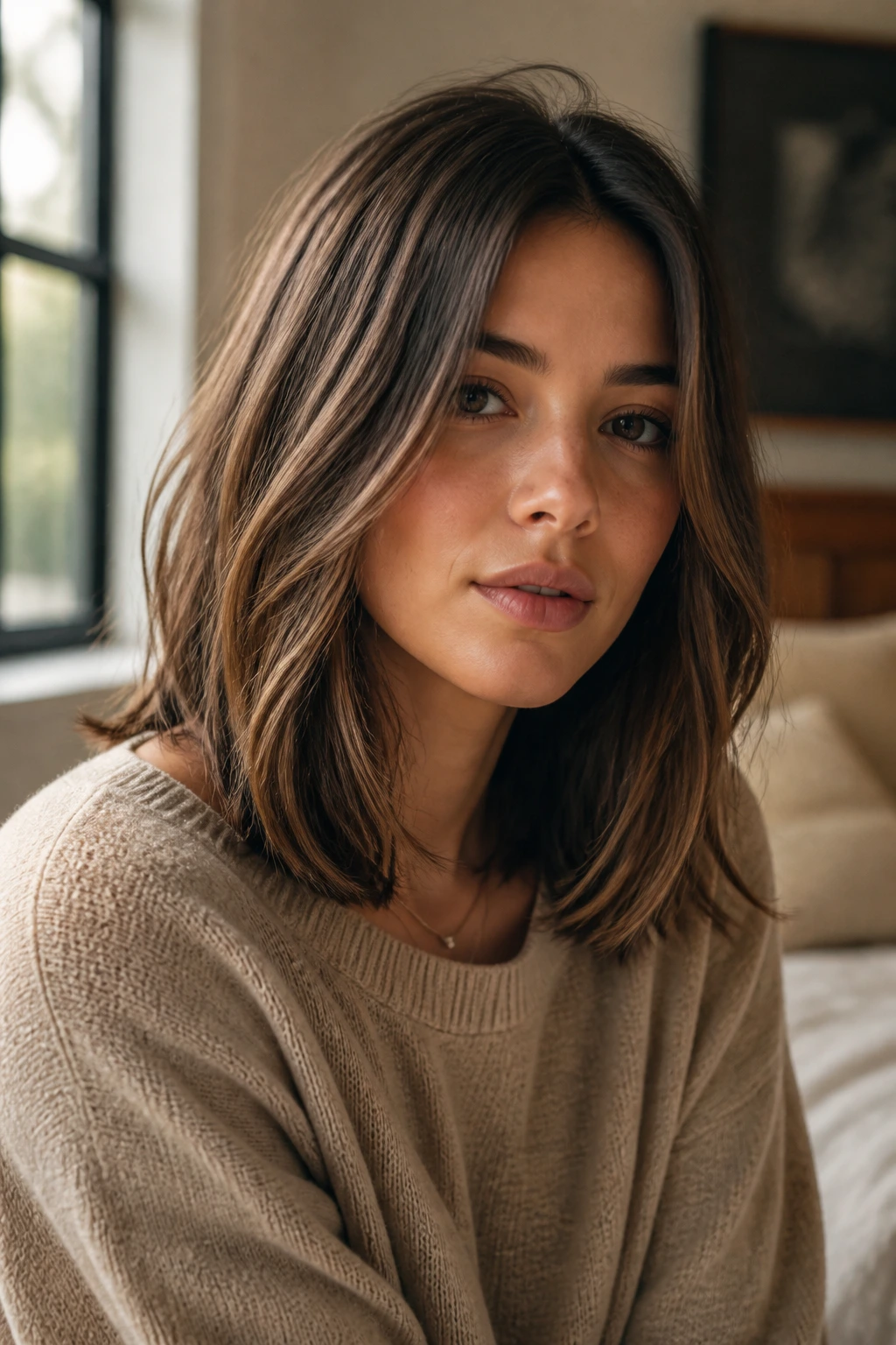 Close-up portrait of a real woman with a long bob hairstyle in warm window light.
