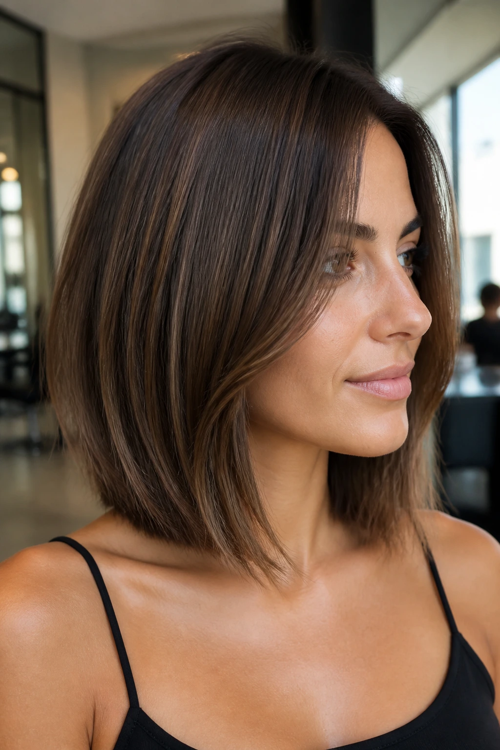 Portrait of a real woman with a long bob showing hidden inner layers and a clean outer line