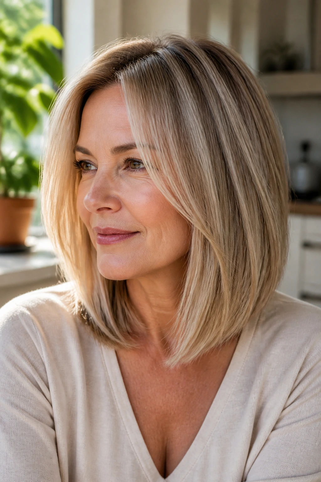 Close-up of a real woman with a long bob and invisible layers in a bright home setting
