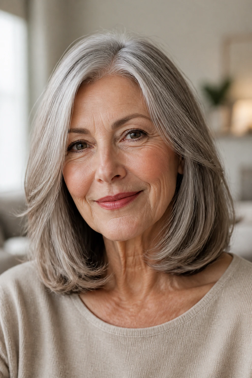 Close-up portrait of an older woman with a sleek long bob in a softly lit living room