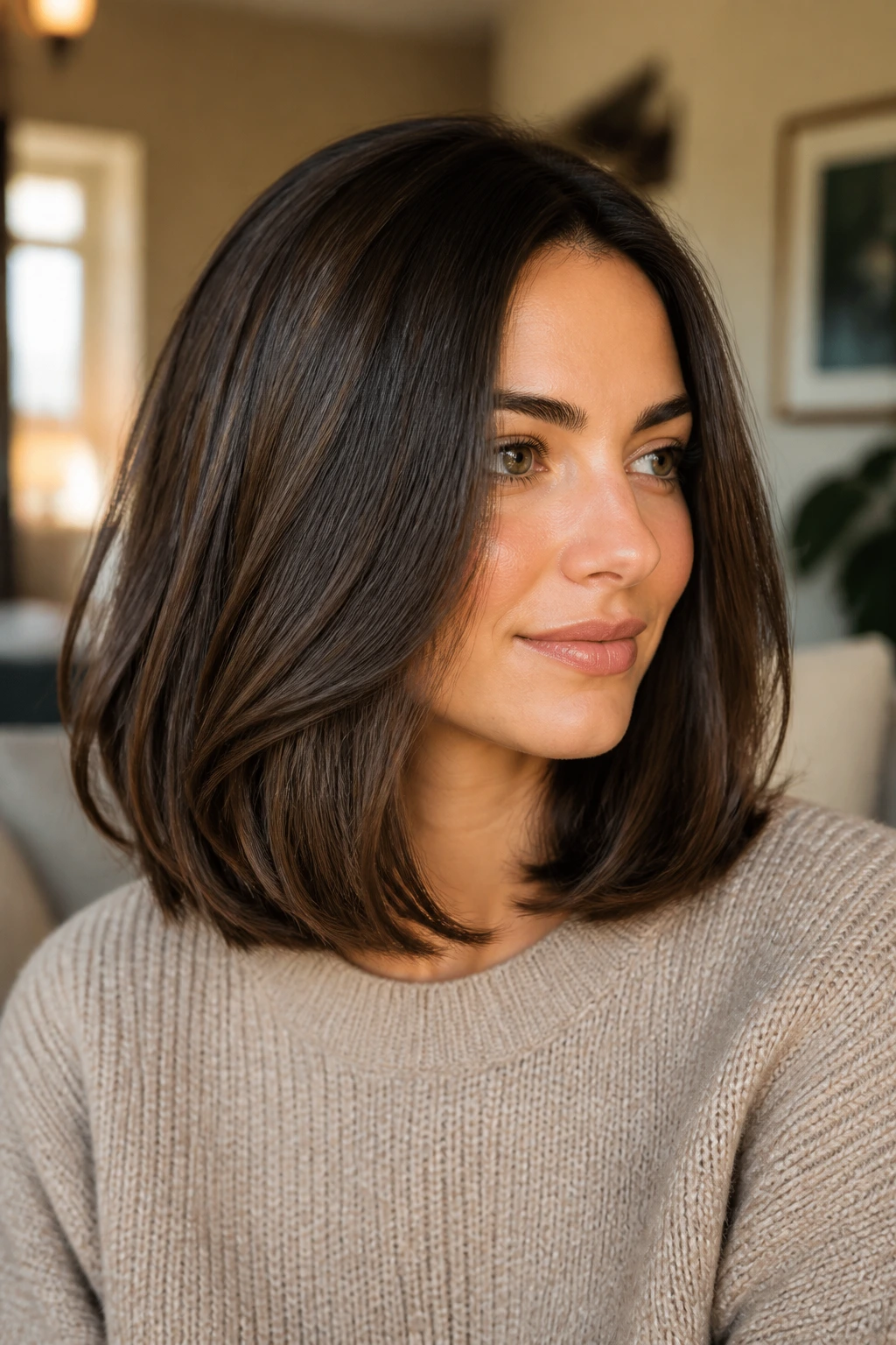 Close-up portrait of a real person with a thick long bob in natural window light