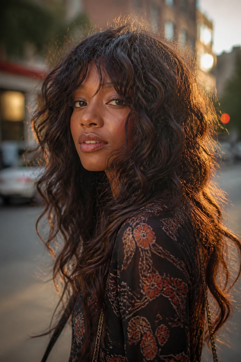 Close-up of a Black woman with long bohemian shag at golden hour