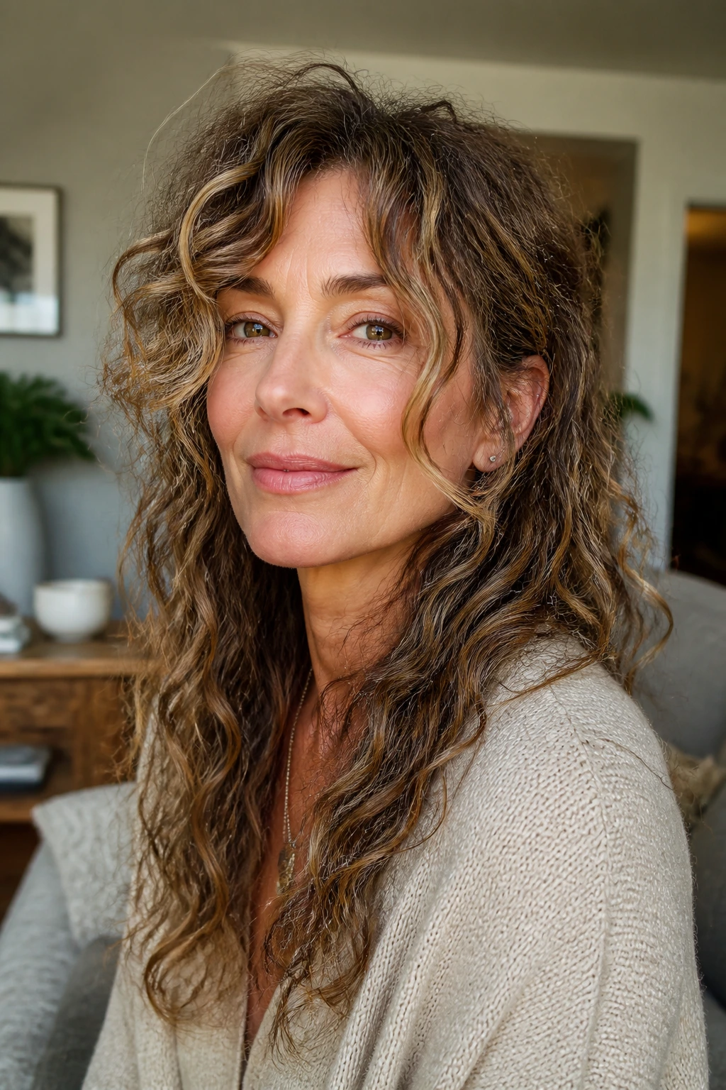 Close-up portrait of a real woman with a long boho shag and face-framing curls