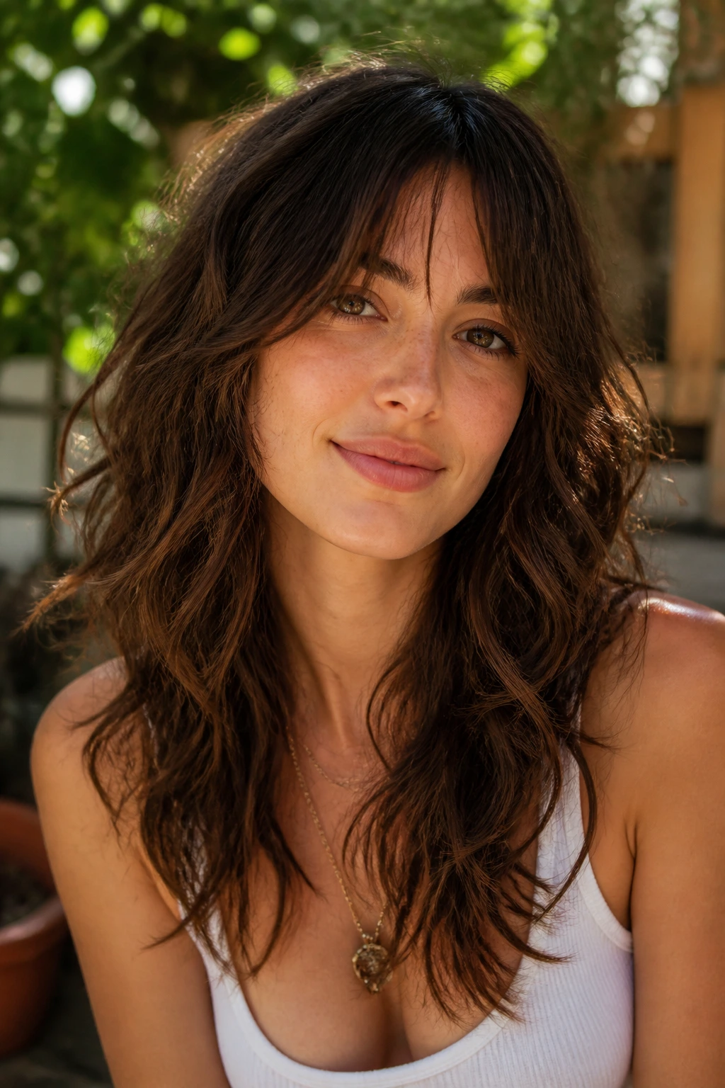 Close-up portrait of a real woman with Long Boho Shag and curtain fringe