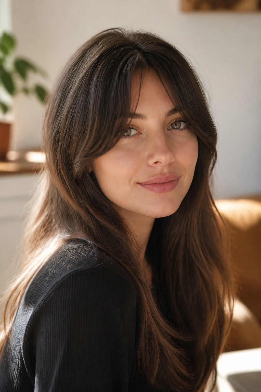 Portrait of long bottleneck bangs with easy grow-out on real person
