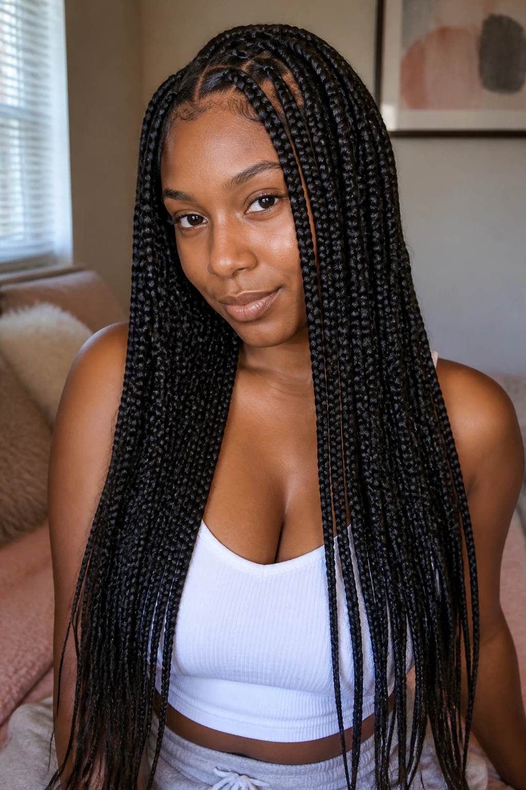 Close-up portrait of a real woman with long box braids cascading past her shoulders in warm natural light