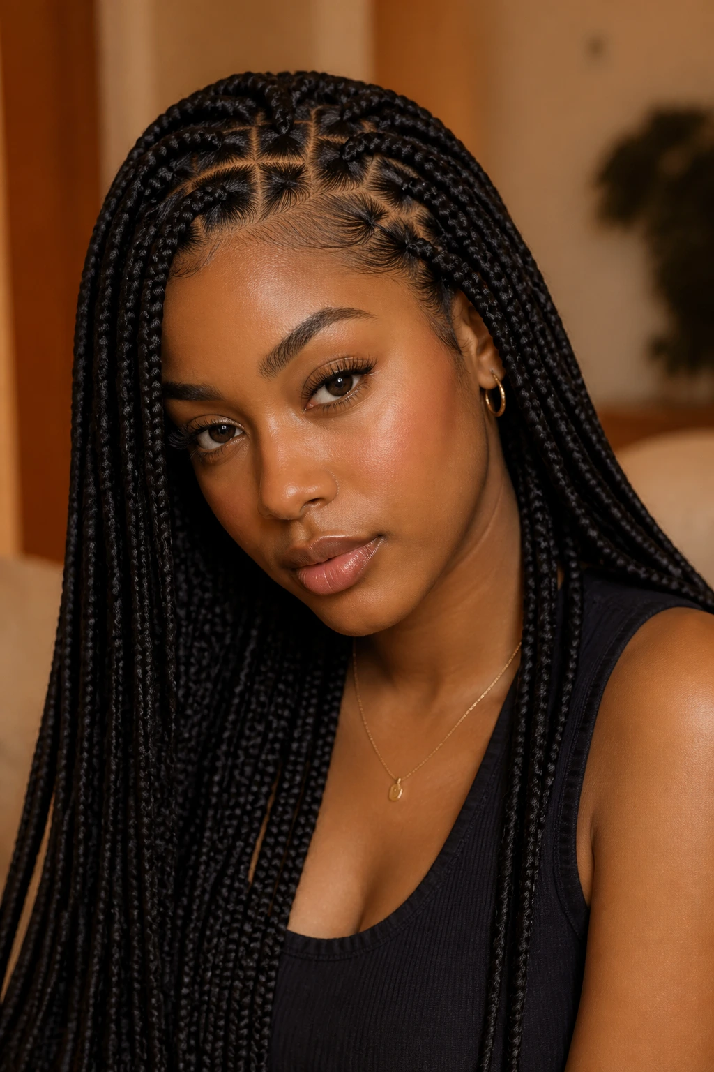 Close-up of a real person with long box braids showing tension and balanced part