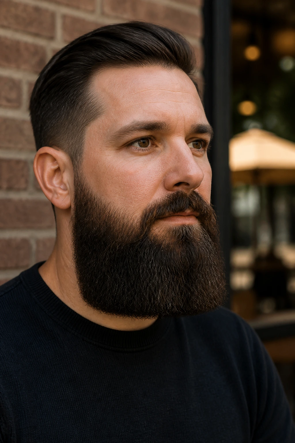 Close-up of a man with a long boxed beard and straight bottom edge