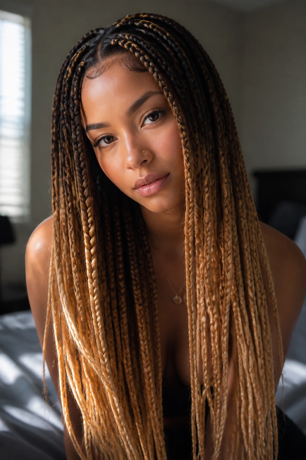 Close-up of a real woman with long braids showing color gradient from roots to tips