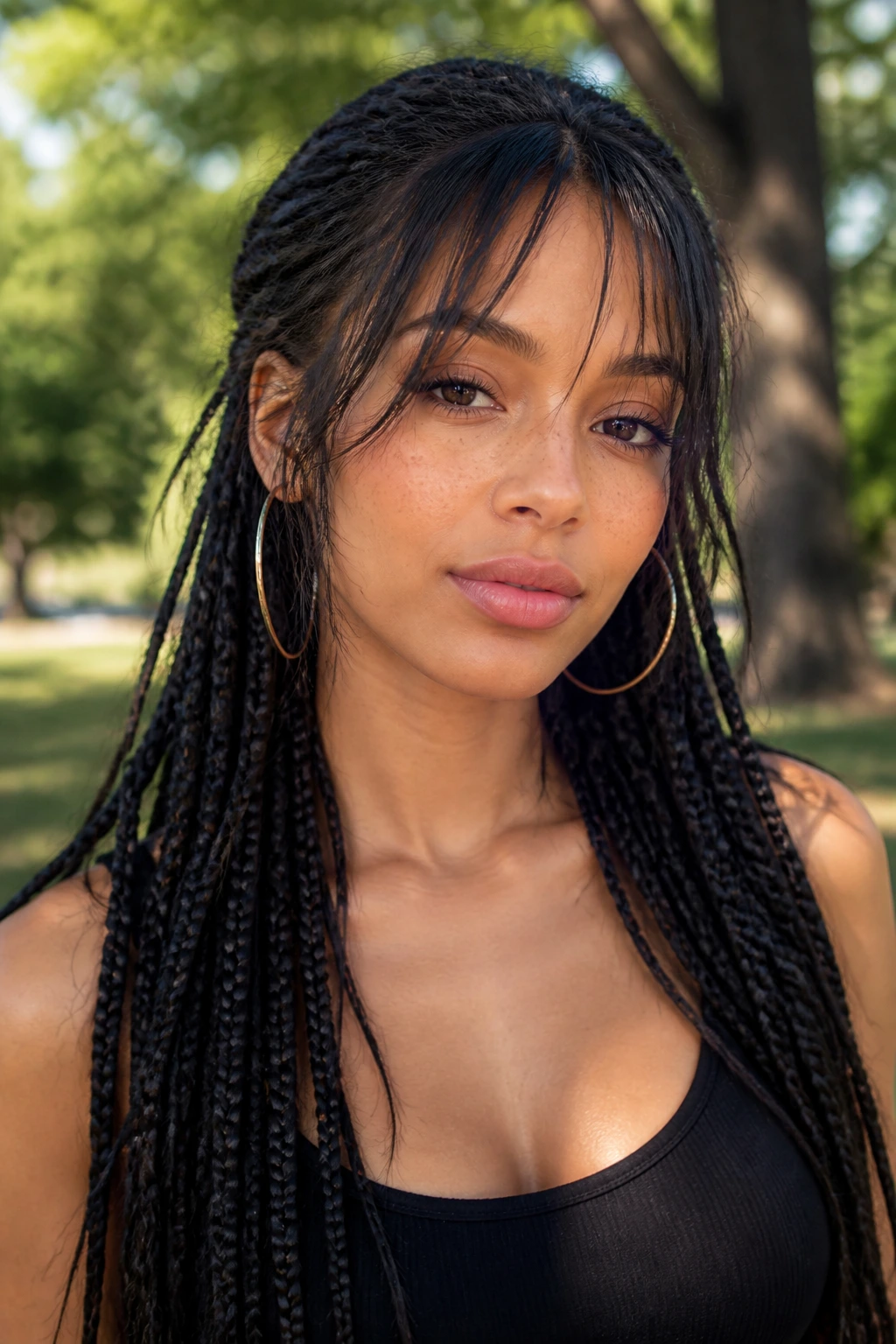 Real woman with long braids and wispy curtain bangs outdoors in soft daylight.