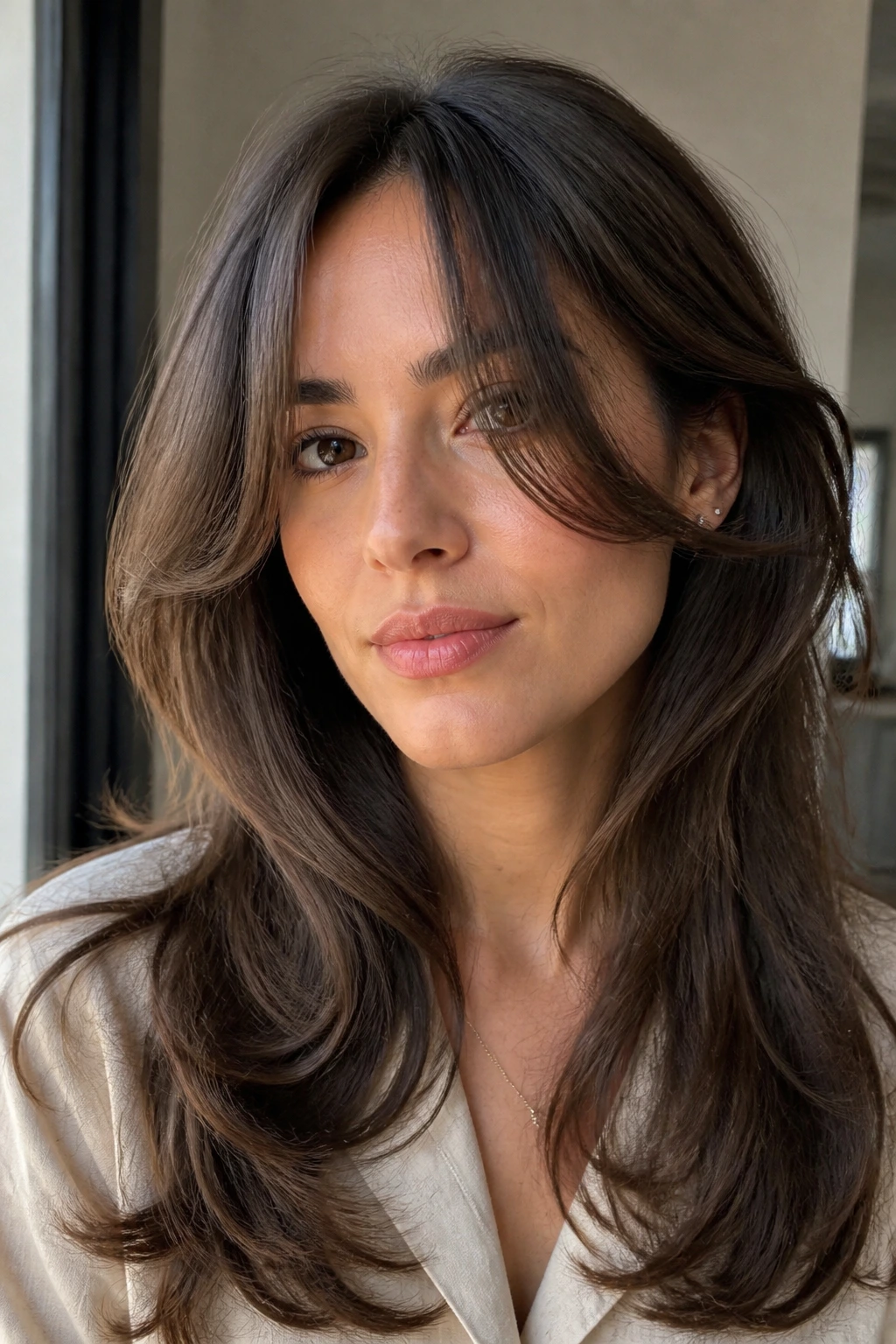 Close-up portrait of a real woman with long butterfly haircut and curtain bangs hitting the cheekbones