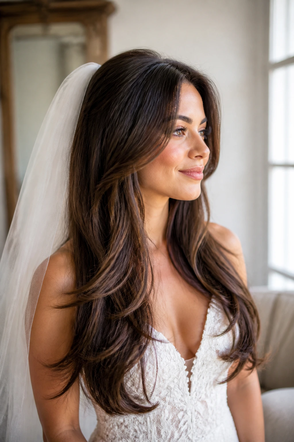 Bride with long butterfly layers and veil space