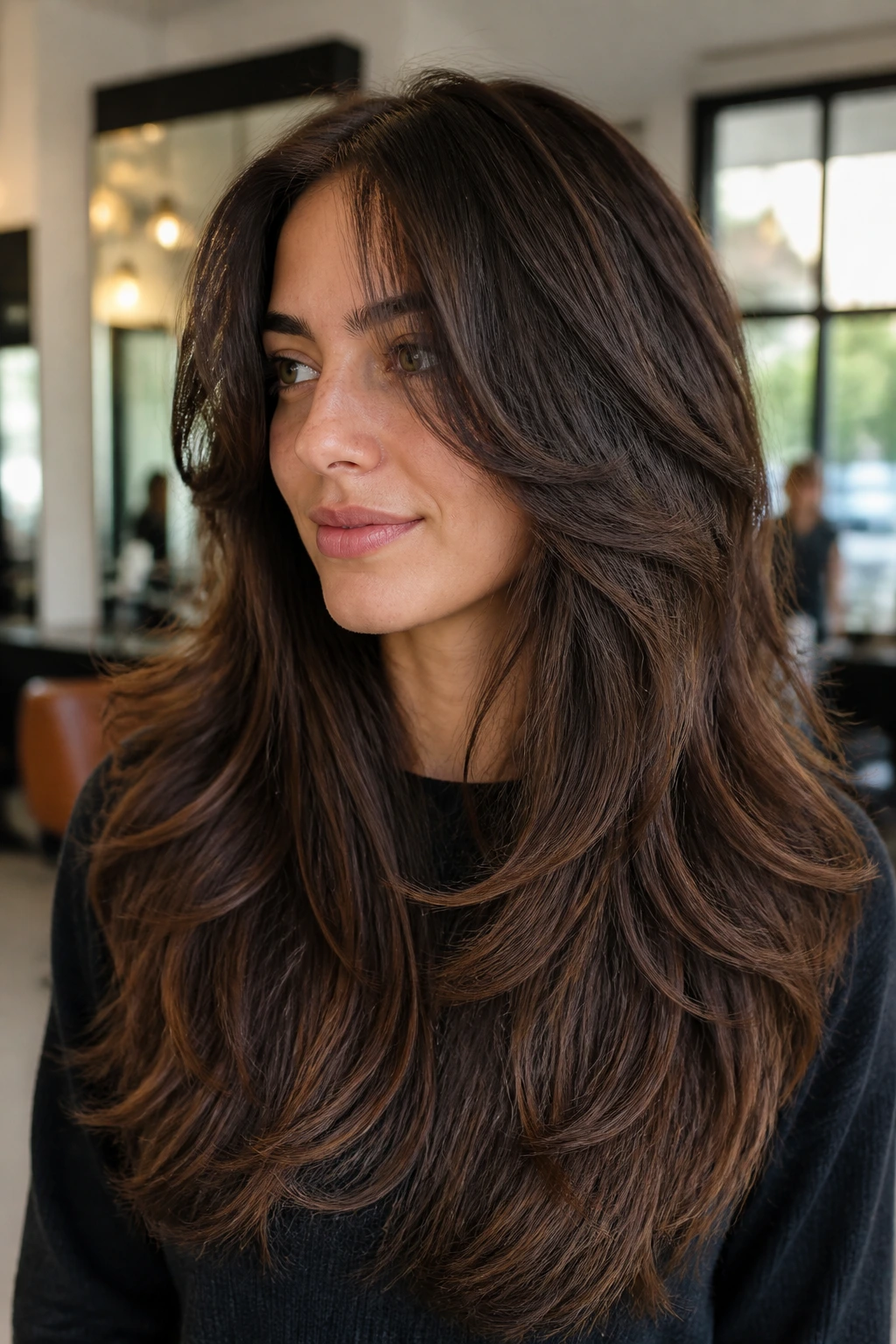Close-up of a real person with long butterfly shag cuts on thick hair in a sunlit salon
