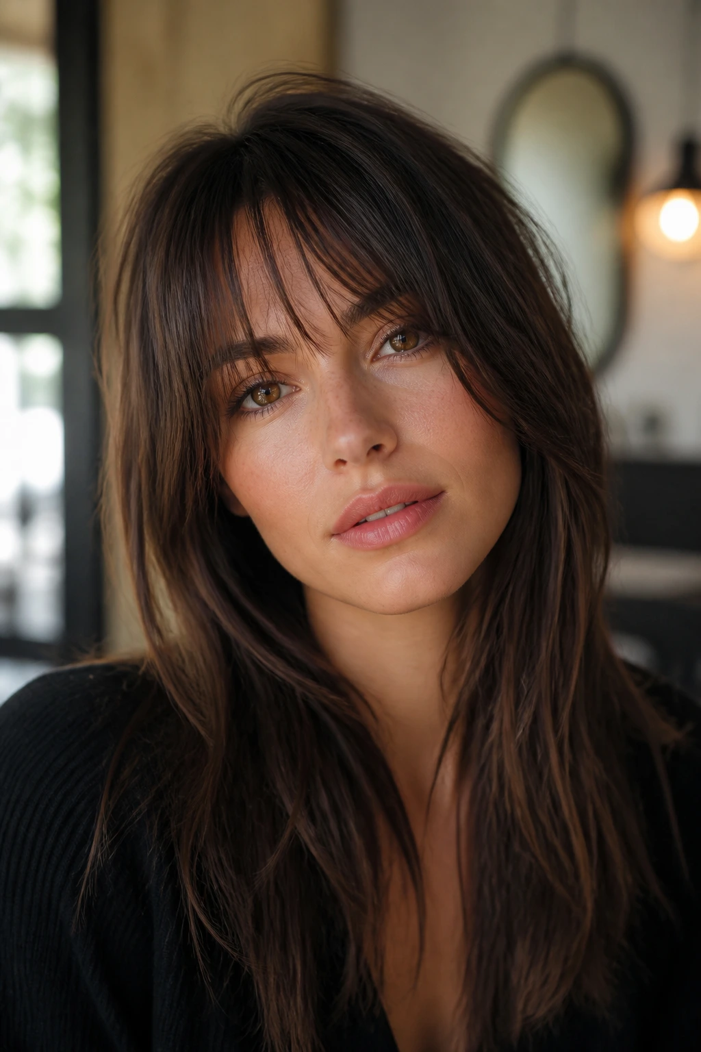 Real person sporting long choppy bangs with uneven ends