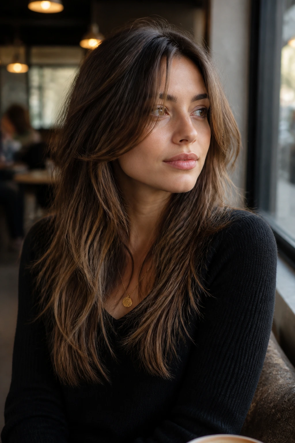 Real woman with long choppy hair showing soft texture.