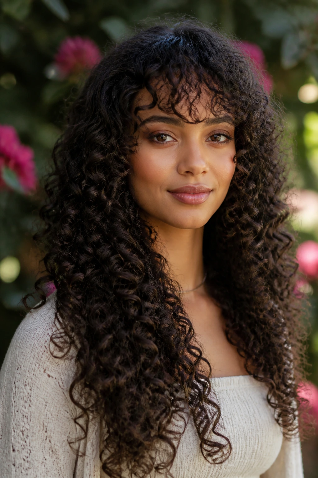 Close-up portrait of a real woman with long coils, curly fringe, and shape layers
