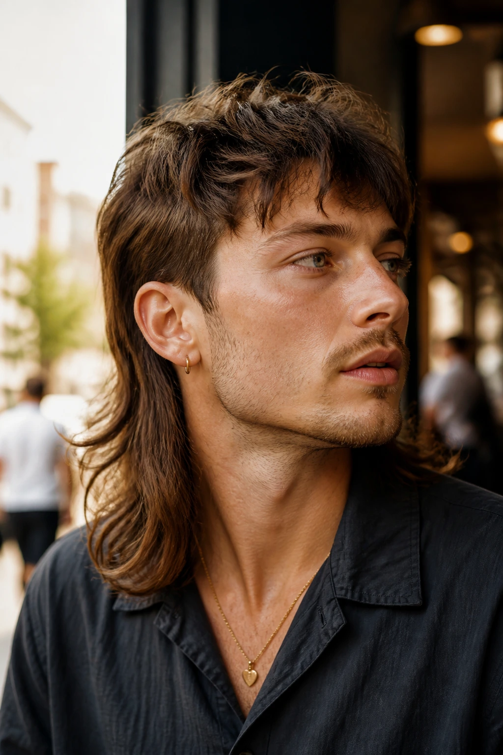 Close-up portrait of a real person with a long collar mullet in an urban setting