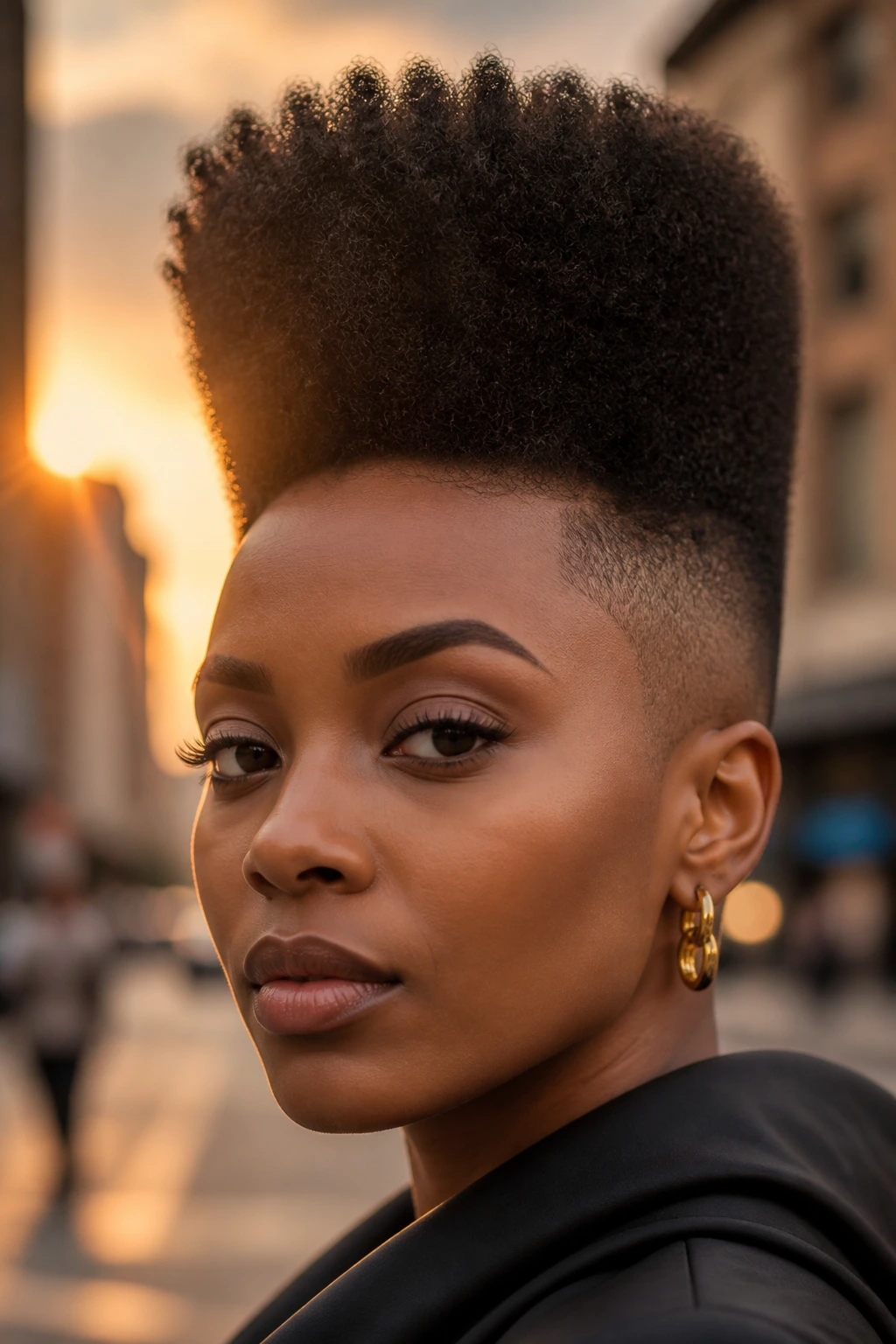 Close-up portrait of a real Black woman with a long-crown editorial high top fade.