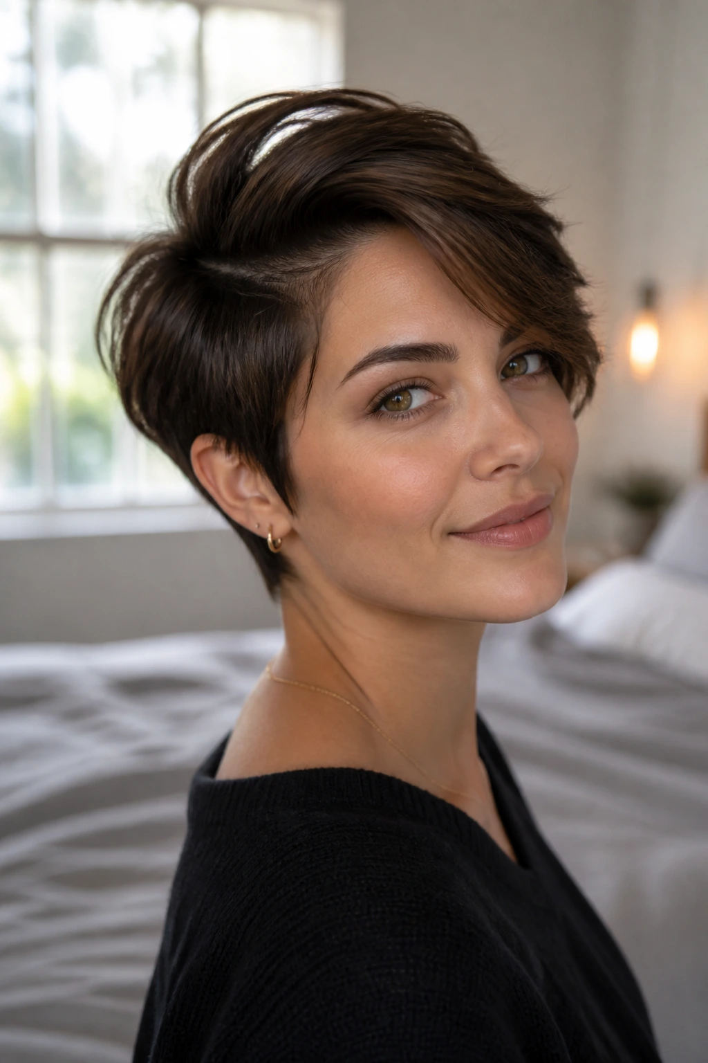 Close-up portrait of a woman with a long-crown pixie bob under natural window light
