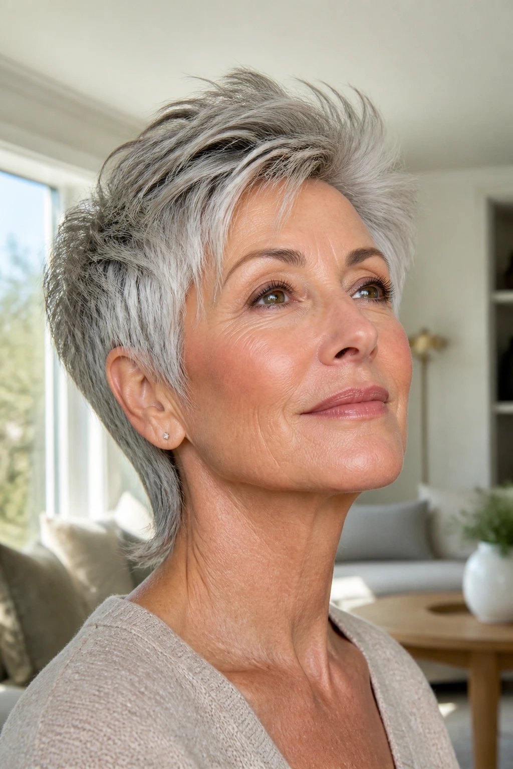 Close-up portrait of a real woman with a long crown pixie mullet