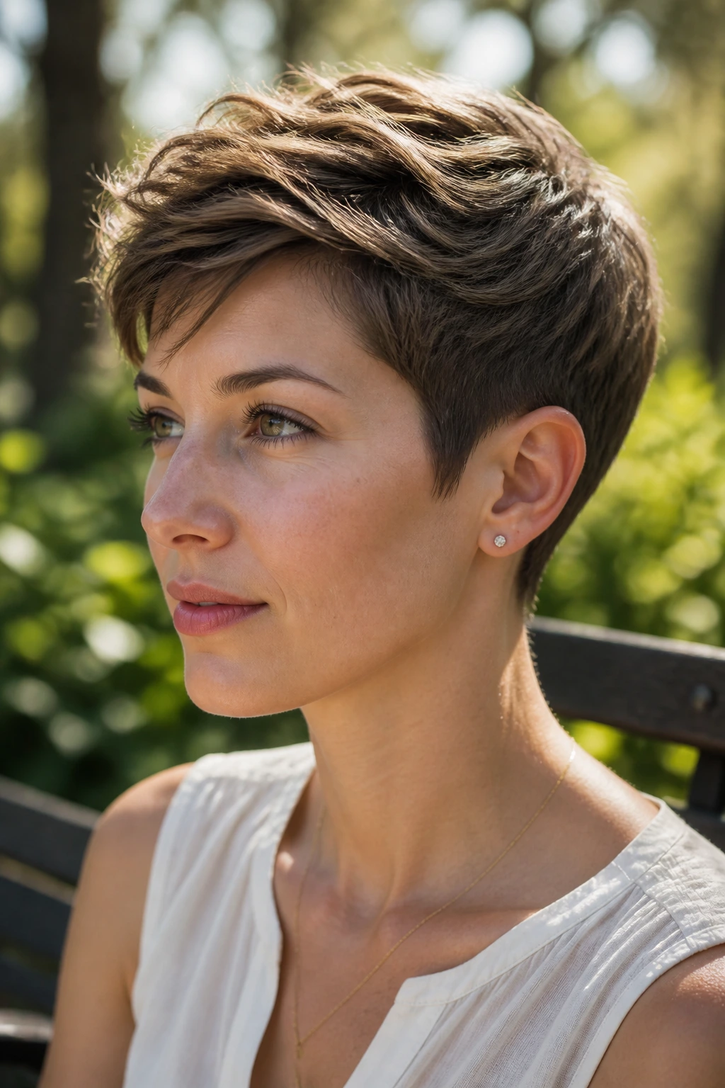 Close-up portrait of a real person with long crown pixie and tapered temples