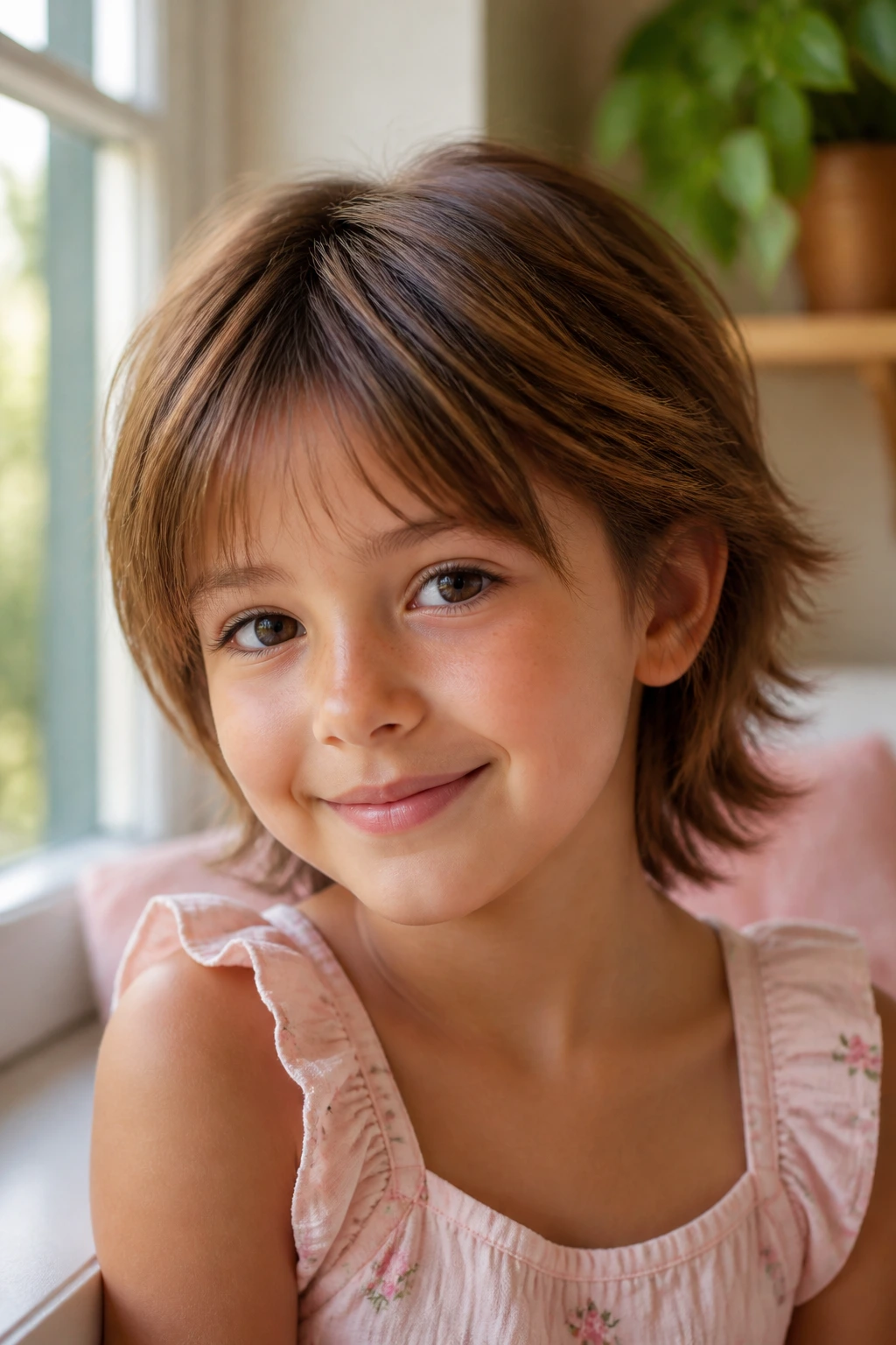 Close-up portrait of a real girl with long crown shag and tapered sides