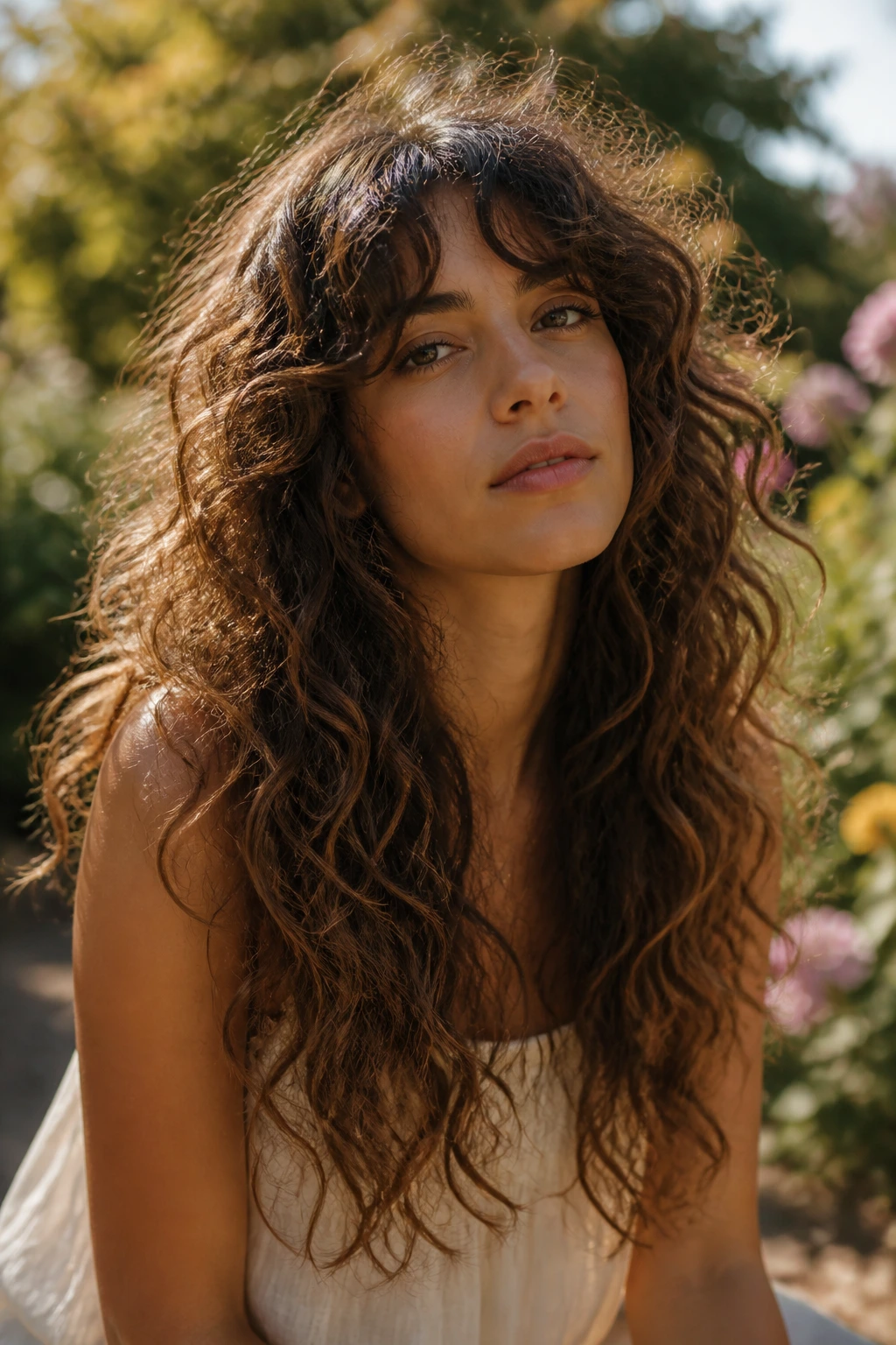 Real person with long curly hair showing bohemian layers and choppy ends outdoors at golden hour