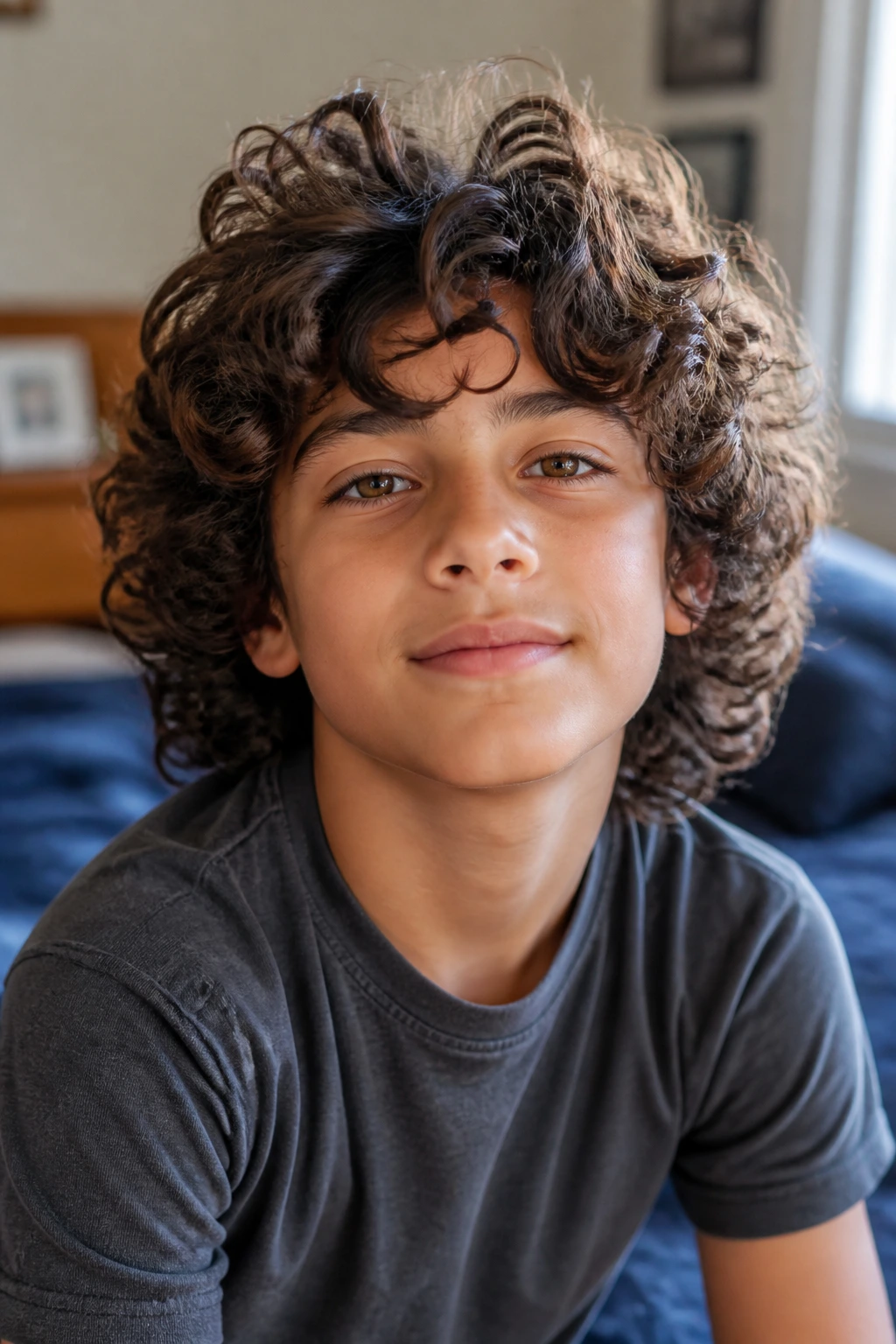 Close-up portrait of a real boy with long curly hair showing texture and volume