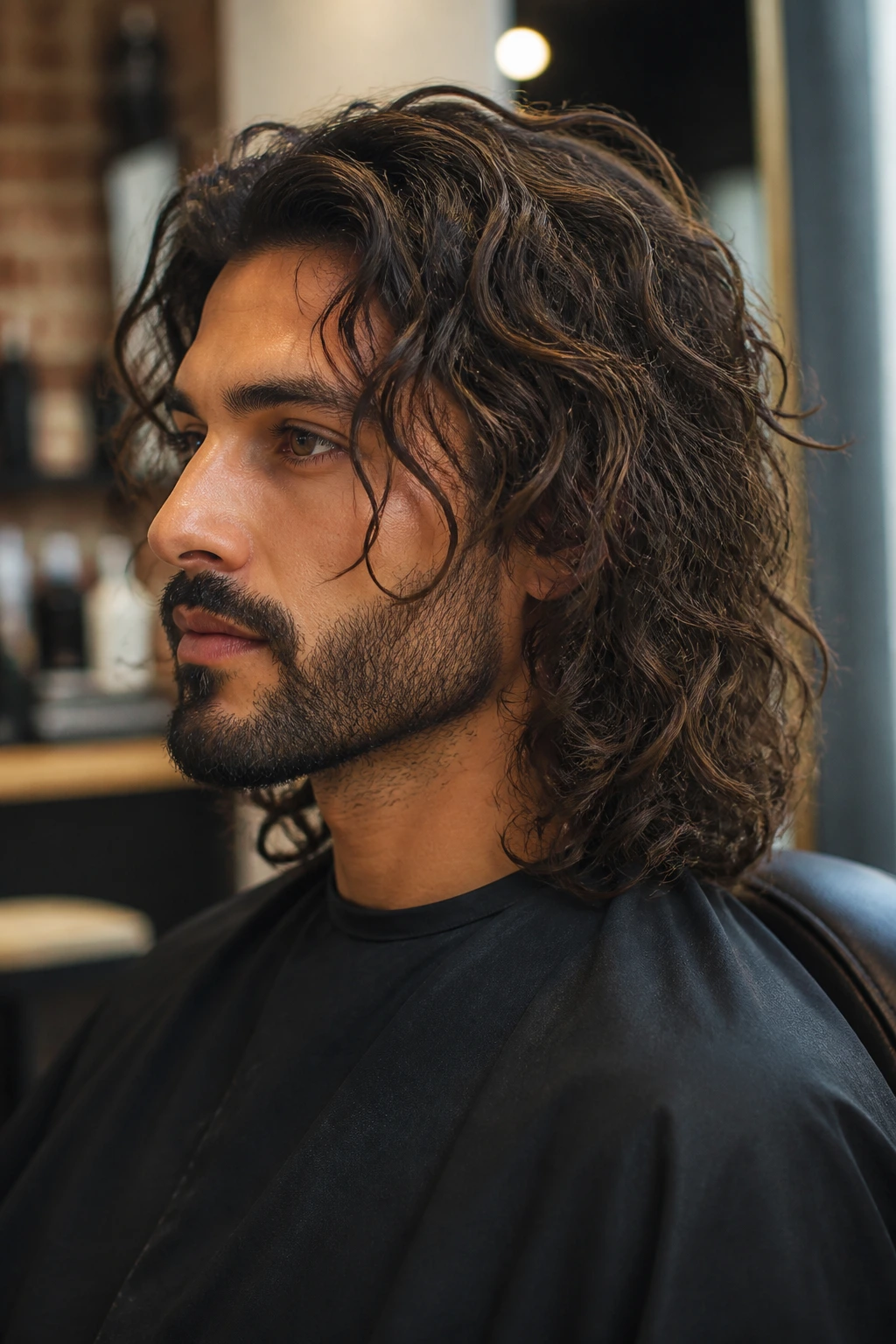 Side-profile of a man with long curly hair in a barber chair