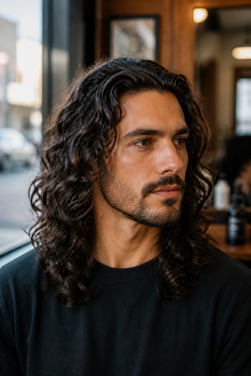 Close-up portrait of a man with long layered curls in a barbershop setting