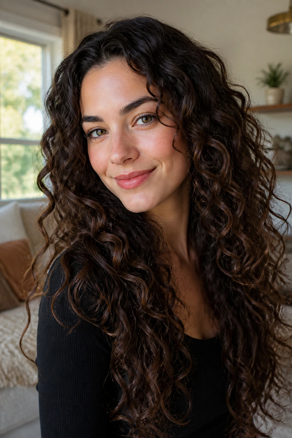 Close-up of a real woman with long curly hair showing invisible interior layers in a sunlit living room