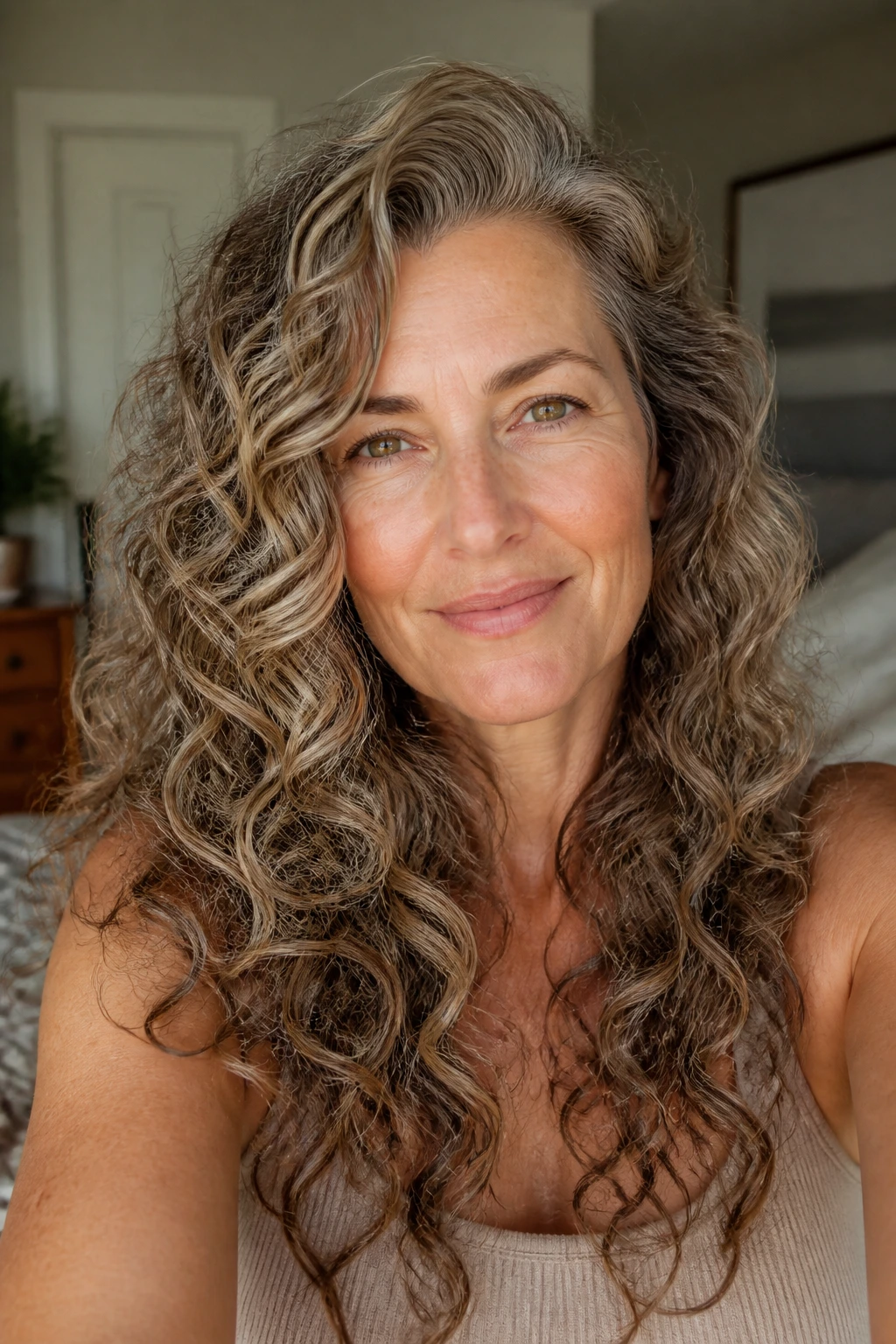 Real woman with long layered curls and soft side part in sunlit bedroom