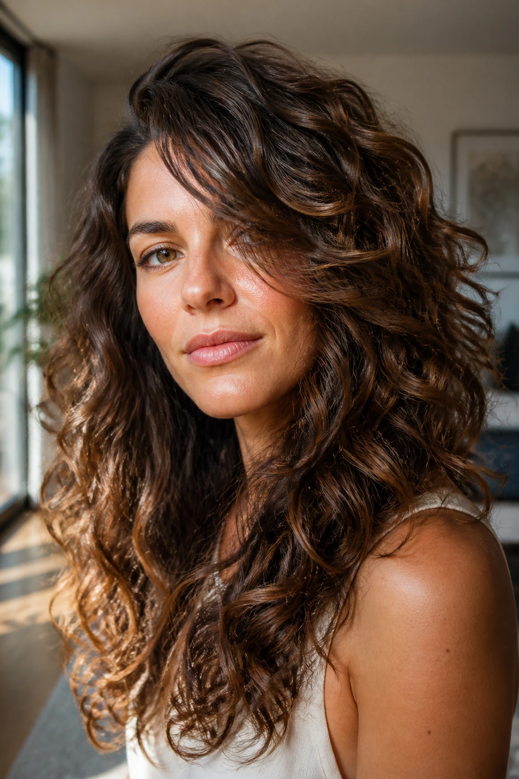 Close-up of long curly hair with deep side sweep and layered ends