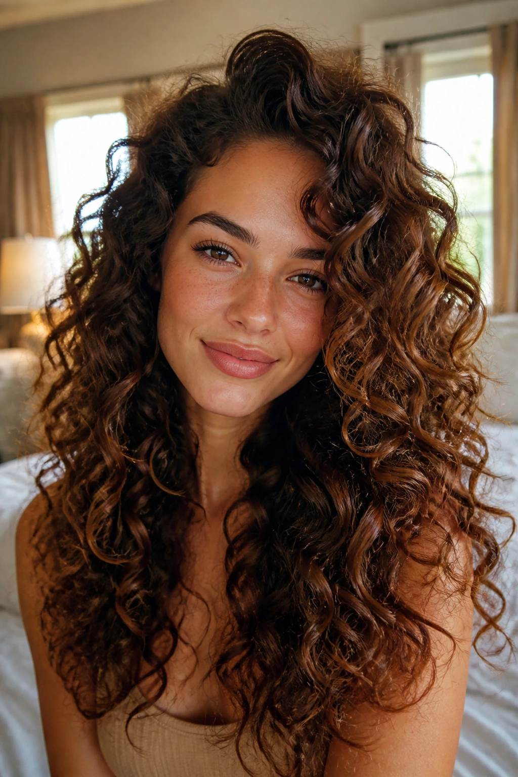 Close-up portrait of a real person with long, voluminous curls showing crown lift and texture in a cozy bedroom.