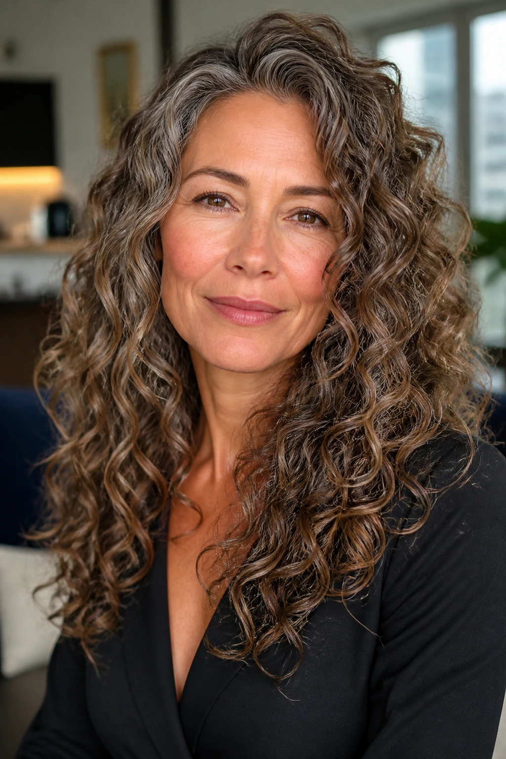 Close-up of a real woman with long glossy curls and polished ends