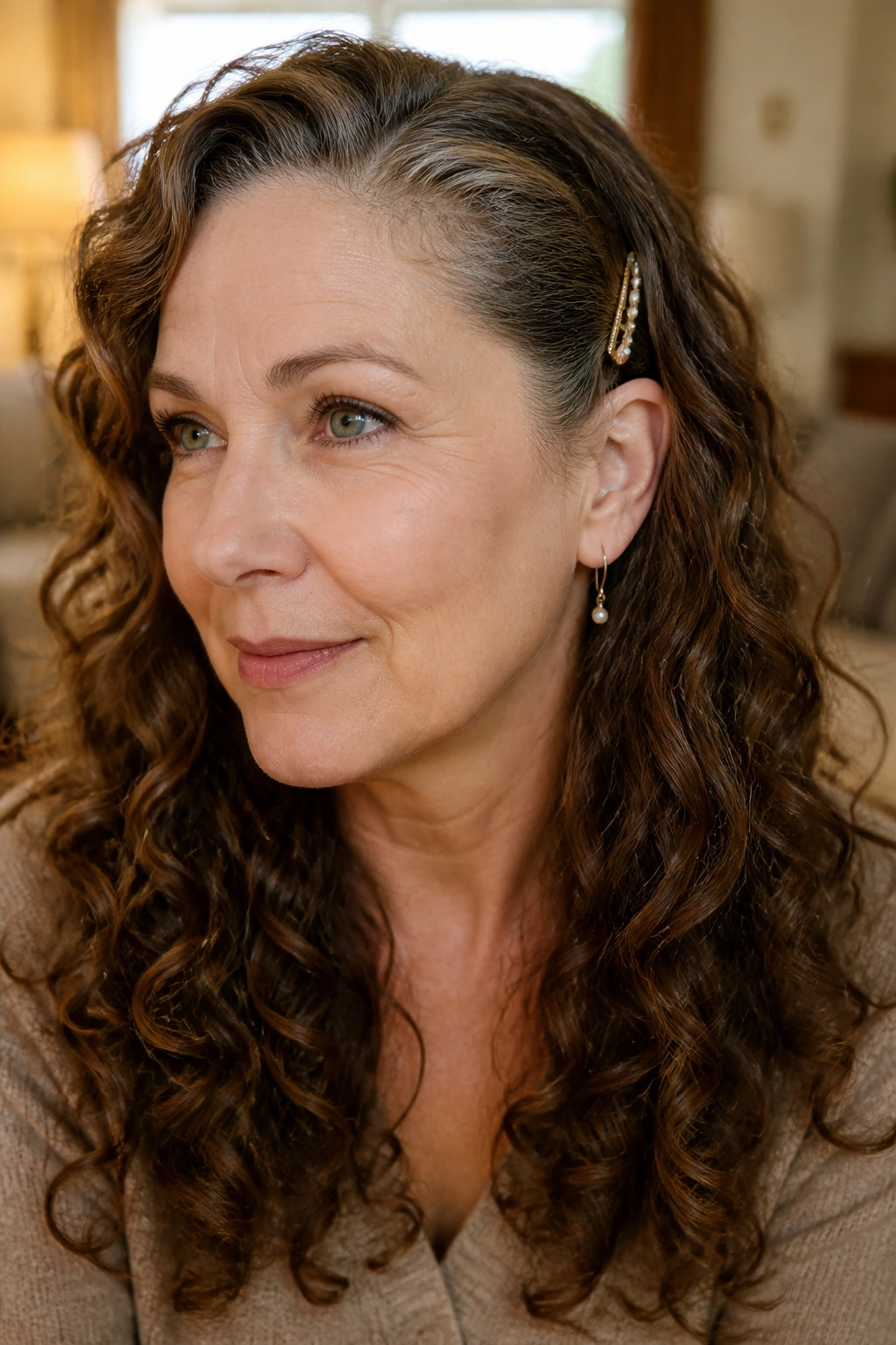 Close-up of a real woman with long curls and a small clip behind the ear